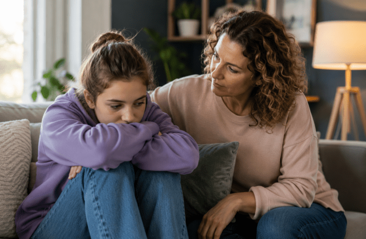 Parent supporting a stressed teen who is sitting with her arms around her knees