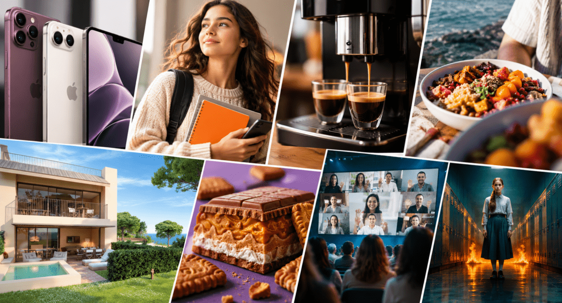 Colagem com smartphones, café, alimentação, imóveis e pessoas ligada a negócios e marketing em Portugal.