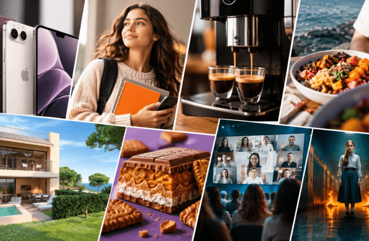 Colagem com smartphones, café, alimentação, imóveis e pessoas ligada a negócios e marketing em Portugal.