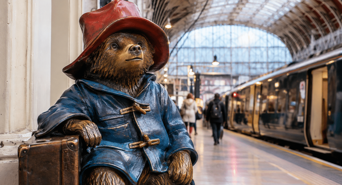 Paddington Bear at a London railway station platform