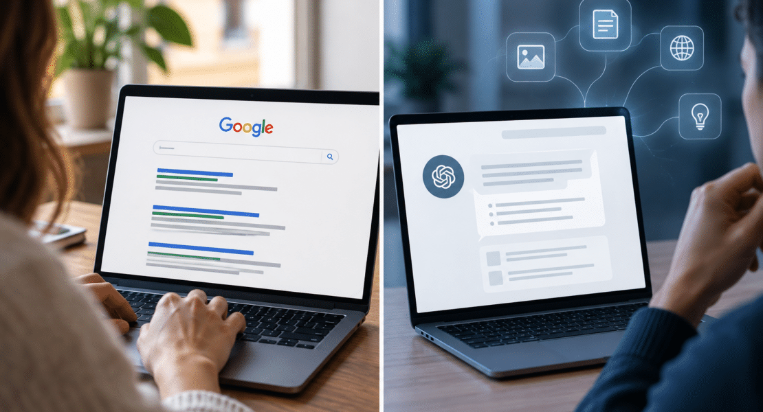 SEO vs GEO comparison showing traditional search results and AI-powered search on laptops
