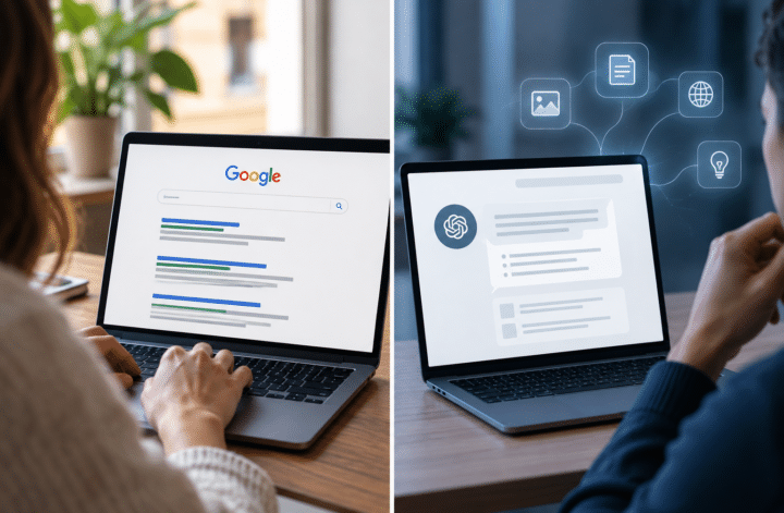 SEO vs GEO comparison showing traditional search results and AI-powered search on laptops