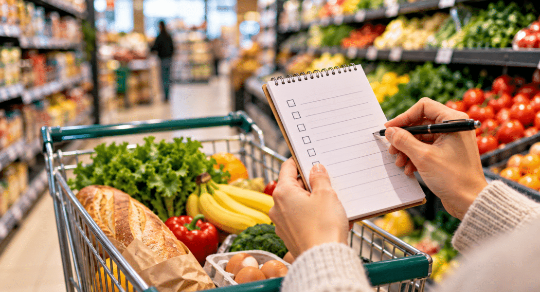Person writing a shopping list beside a grocery cart filled with fresh food.