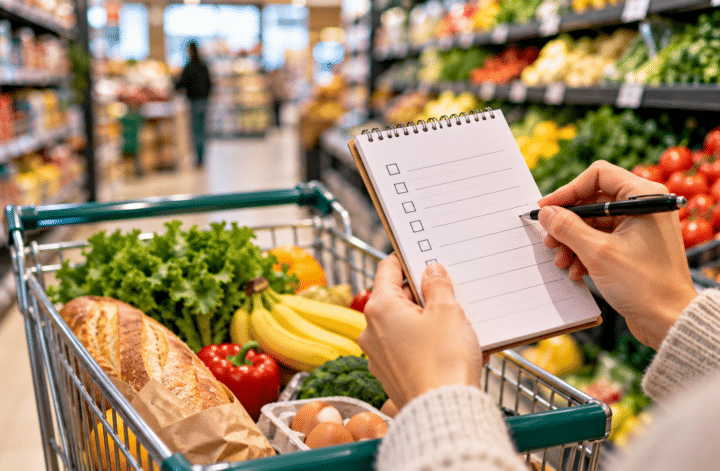 Person writing a shopping list beside a grocery cart filled with fresh food.