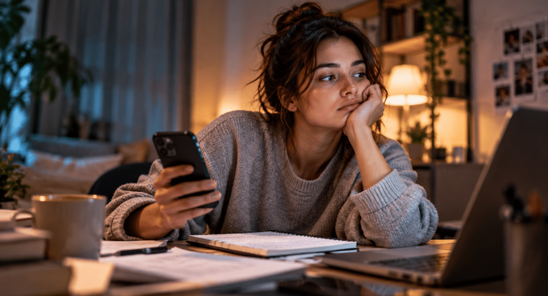 Woman distracted by her phone while studying at a desk, illustrating why we procrastinate.
