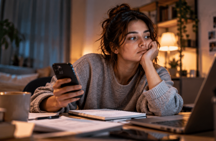 Woman distracted by her phone while studying at a desk, illustrating why we procrastinate.