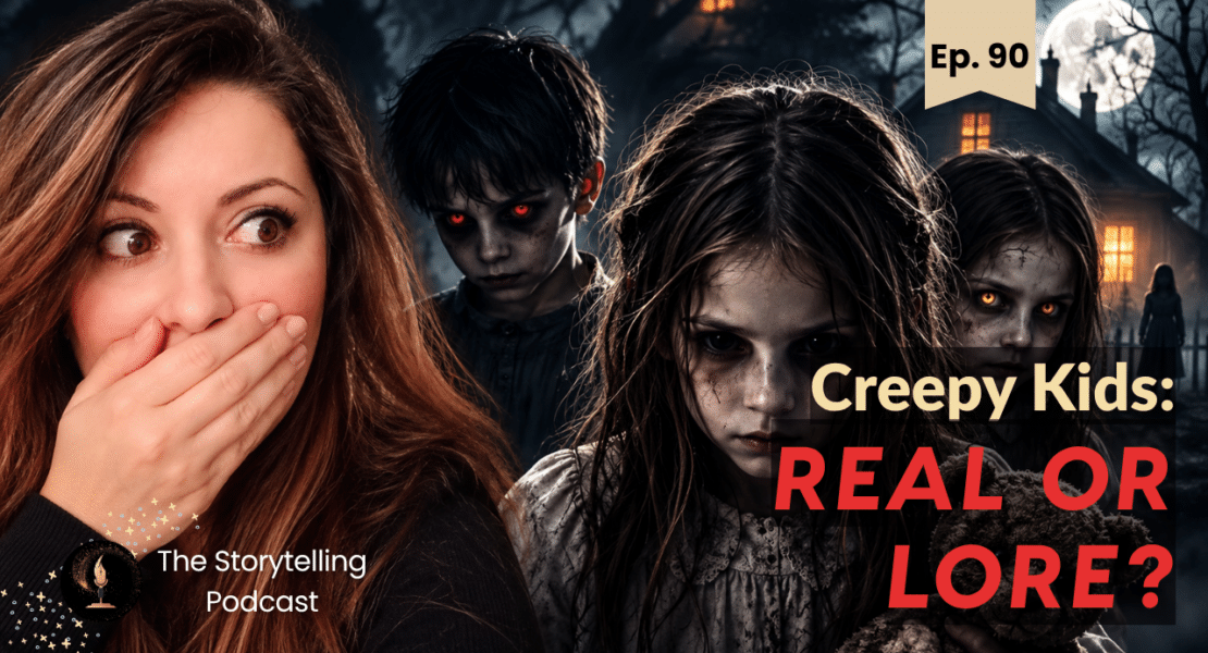 Frightened woman and creepy children with glowing eyes in a dark, haunted setting for a horror podcast.