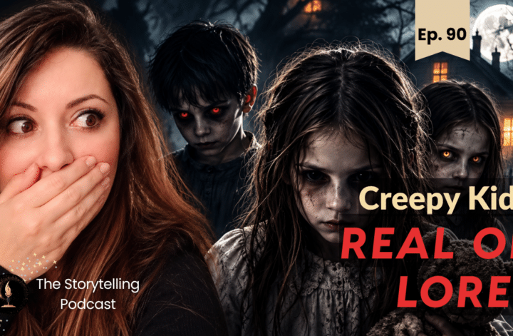 Frightened woman and creepy children with glowing eyes in a dark, haunted setting for a horror podcast.