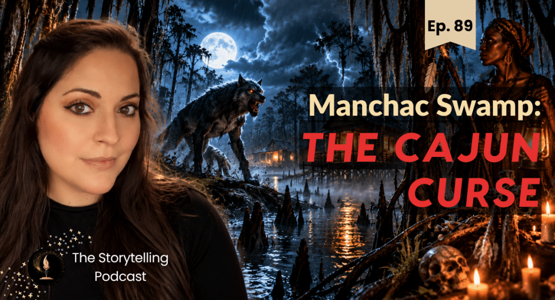 Podcast host with a moonlit Louisiana swamp, a wolf-like creature and a shadowy figure in Manchac Swamp episode artwork.