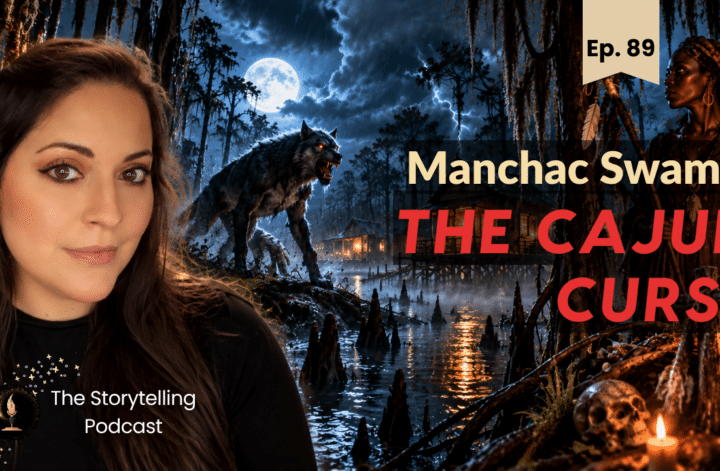 Podcast host with a moonlit Louisiana swamp, a wolf-like creature and a shadowy figure in Manchac Swamp episode artwork.