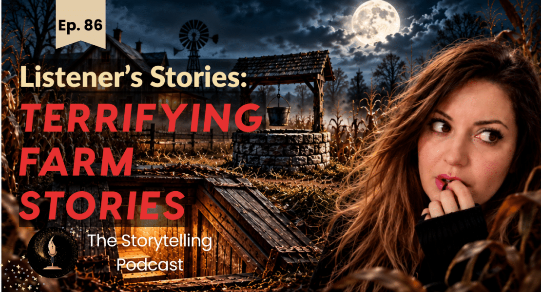 Terrifying real farm stories from the U.S. and Canada podcast thumbnail featuring a woman, abandoned farm, and full moon.