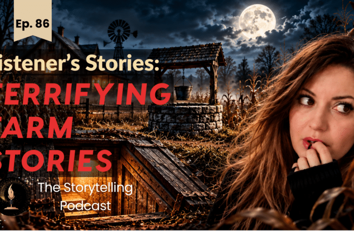 Terrifying real farm stories from the U.S. and Canada podcast thumbnail featuring a woman, abandoned farm, and full moon.