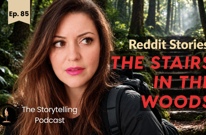 Woman in a dark forest beside mysterious woodland stairs, promoting The Stairs in the Woods Reddit stories podcast.