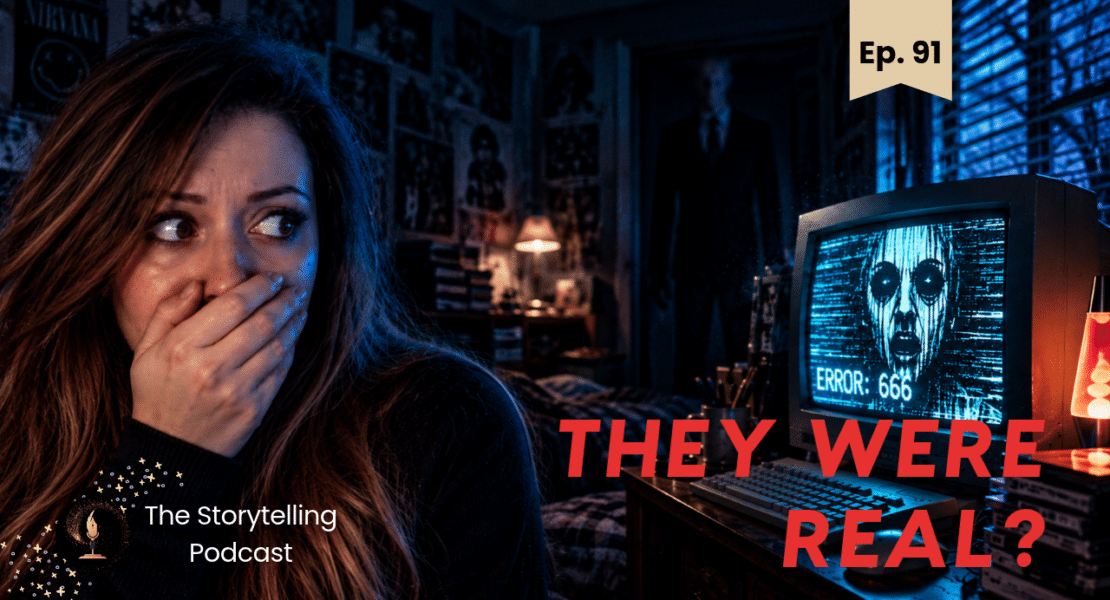 Horror podcast thumbnail featuring a frightened woman, a sinister computer screen and the text “They Were Real?”