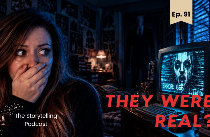 Horror podcast thumbnail featuring a frightened woman, a sinister computer screen and the text “They Were Real?”