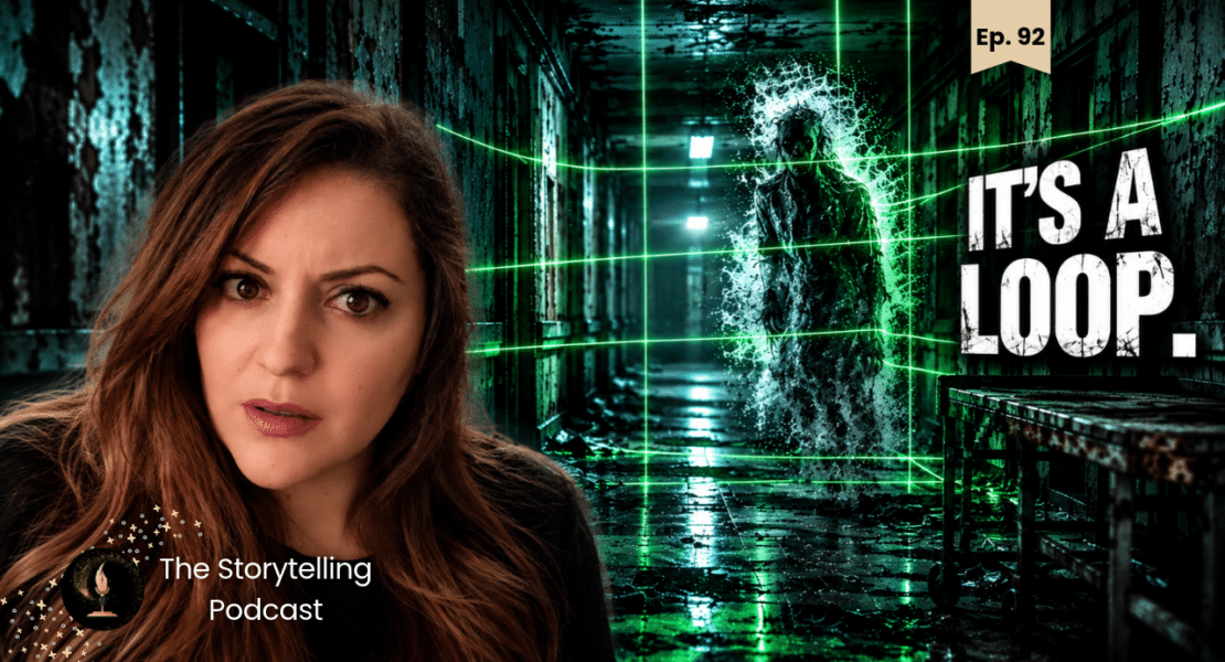 The Storytelling Podcast Episode 92 thumbnail featuring the host, a ghostly figure and green laser beams in a dark corridor.