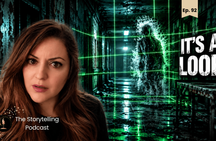 The Storytelling Podcast Episode 92 thumbnail featuring the host, a ghostly figure and green laser beams in a dark corridor.